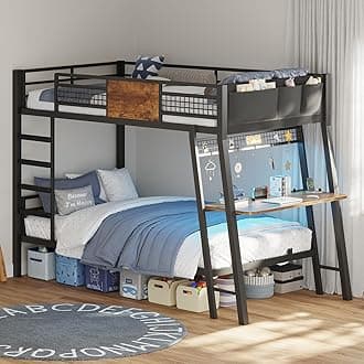 Bunk Bed for Small Space, Twin Over Twin Bunk Beds with Desk, Power Outlets, RGB LED Lights, Storage, Metal Beds with Safety Guardrail & Ladders, No Box Spring Needed (Rustic Brown, No Drawer)