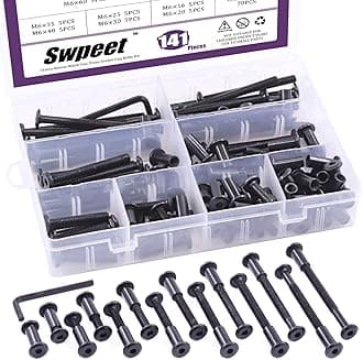Swpeet 141Pcs 14 Different Sizes M6x16mm-80mm Carbon Steel Black Hex Drive Socket Cap Bolts Barrel Nuts Kit with 1Pcs Allen Wrench, Screw Post Fit for Furniture Countsunk Belt Leather Binding Bolts