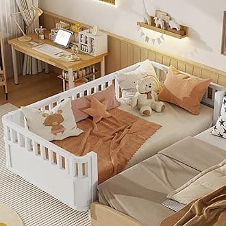 KEIKI Twin Size Metal Floor Bed, Montessori Platform Bed Frame with Low Profile & Safety Rails, Space Saving Kids Beds for Boys Girls Bedroom, No Box Spring Needed, Easy Assembly, Noise Free, White