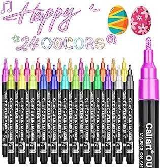 Caliart24-Color Shimmer Double-Line Drawing Doodle Outline Markers, Aesthetic Cute Preppy Stuff School Supplies, Glitter Markers Pens Set for Cards Lettering, Gift for 4-12 Year Old Girl Kids