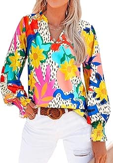 Womens V Neck Floral Long Sleeve Tops 2026 Summer Casual Loose Puff Sleeve Chiffon Boho Work Blouse Dressy T Shirts