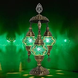 Mozaist 3 Globe Mosaic Tiffany Style Table Lamp, Stained Glass Turkish Handcraft Desk Light, Bohemian Vintage Guestroom, Study Room Decorative Teal Lighting with US Plug & E12 Socket(Turquoise Green)
