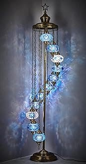 DEMMEX 11 Globe Turkish Moroccan Mosaic Floor Lamp – 210 cm Tall Tiffany Style Standing Boho Lamp for Living Room, Bedroom & Entryway – Handmade in Turkey, Blues