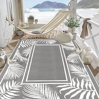 Bsmathom Waterproof Outdoor Rug 6'x9' Reversible Boho Plastic Straw Patio Deck Camping Rugs, Indoor Outdoor Portable RV Mat Clearance Carpet for Outside, Porch, Balcony, Backyard, Beach, Pool,Grey