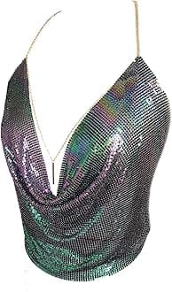 Gold Sexy Tops for Women Sparkly Deep V Neck Crop Tank Tops Cami Body Chain Top