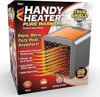 Ontel Handy Heater Pure Warmth 1200W Personal Ceramic Space Heater with Adjustable Heat - Portable, Quiet & Energy Efficient Small Space Heater for Bedroom, Office, Garage & More