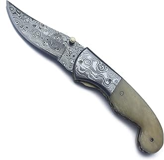 Handmade Damascus Folding Pocket Tatical Knife for Edc,Hunting,Survival,Camping and Fishing with Full Tang Camel Bone Handel and Bufflohide-Leather Sheath For Men and Women (DCF26 - Typhoon)