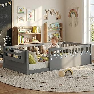Montessori Floor Bed with High Rails,Twin Size Floor Bed Frame for Kids, LED Lights & Storage Shelf, Safe & Wider Opening Gate Design, Playground & Sleep Space for Girls Boys,Grey