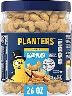 PLANTERS Salted Cashew Halves & Pieces, Party Snacks, Plant-Based Protein, Quick Snack for Adults, After School Snack, Roasted Cashews, Flavored with Sea Salt, Bulk Nuts, Kosher, 26oz Canister