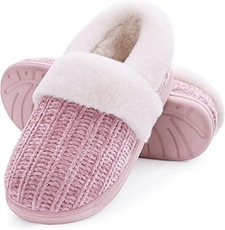 Women's Fuzzy Memory Foam Slippers, Closed Back Knit Bedroom Slippers, Slip-On Warm House Shoes for Indoor & Outdoor Comfort