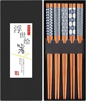 Antner 5 Pairs Natural Bamboo Chopsticks Reusable Classic Japanese Style Chop Sticks Gift Sets, Dishwasher Safe, 8.8 Inch/22.5cm