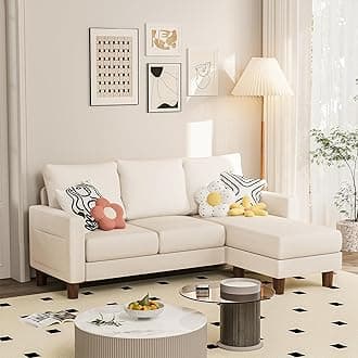 JUMMICO Couch for Small Living Room, 72" Small Sofa with Reversible Ottoman, 3 Seat L-Shaped Sofas, Comfy Couches for Apartment (Linen Fabric, Apricot)