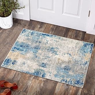Modern Abstract Area Rug - 2x3 Washable Small Front Door Rug for Entryway Mat Contemporary Faux Wool Non-Slip Soft Floor Indoor Carpet for Living Room Kitchen Bathroom RV,Blue/Yellow/Ivory