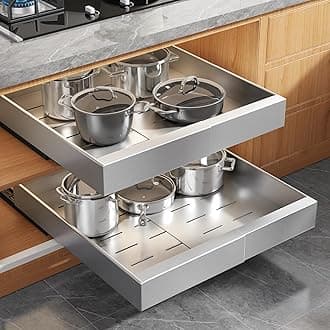 2Pack Expandable Pull Out Cabinet Organizer 21"Deep With Raising Pad for Framed Cabinets, Upgrade 3 Slide Rails Slide Out Drawers,Roll Out Shelves Adhesive,Adjustable Width 12.05"-20.4"Silver