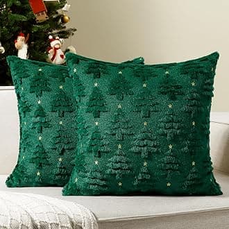 Softalker Christmas Throw Pillow Covers 20 x 20 Inch Set of 2, Xmas Winter Christmas Tree Faux Fur Cushion Covers, 3D Embroidered Pillow Cases for Couch Bedroom Living Room Decor, GreenOEKO-TEX STANDARD 100