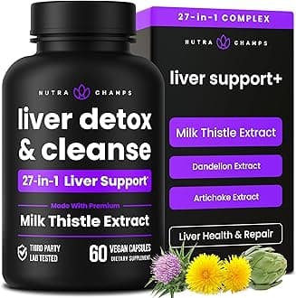 NutraChamps Liver Cleanse Detox & Repair Formula, 20+ Herbs: Milk Thistle Extract with Silymarin, Artichoke, Dandelion, Chicory Root Powder, Liver Support Pills Supplement, 60 Capsules