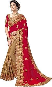 TRENDMALLSWomen's Silk Satin Embroidery Saree with Unstitched Blouse