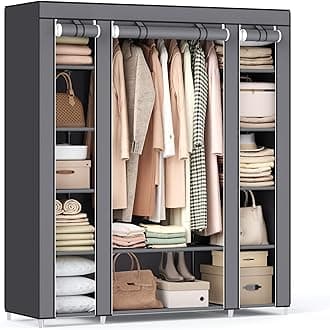 SONGMICS 59" Portable Clothes Closet Wardrobe Storage Organizer with Non-Woven Fabric, Quick and Easy to Assemble, Extra Strong and Durable, Grey, 59" x 17.7" x 69" (150 x 45 x 175 cm)