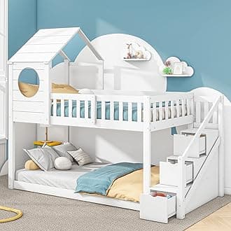 Wooden Bunk Bed for Kids Teenagers, 3ft Twin Sleeper Loft Bed with Stairs and Storage Space, Children Cabin Bed Double Bed Frame with Window and Roof, Solid Pine Wood House Bed, White, 190x90 cm