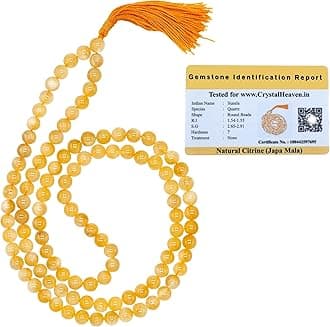 Certified Citrine Crystal Japa Mala Saadi - 108 Beads Buddhist Prayer Beads - AAA Grade Original Healing Gemstone Agate Mala for Yoga Meditation Spiritual Reiki Feng Shui