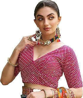 Pujia Mills Women's Blouse with Sequins, Ethnic Style, Half Sleeve, Sari and Lehenga Choli