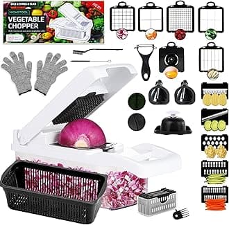 26-in-1 - Heavy Duty Vegetable Chopper with Container - Stainless Steel Blades - Slicer, Chopper, Spiral & Dicer for Veggies With Hand Guard, Cut Resistant Gloves & Cleaning Brushes - Black