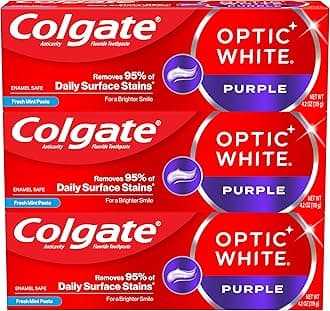 Optic White Purple Toothpaste for Teeth Whitening, Teeth Whitening Toothpaste with Fluoride, Helps Remove Surface Stains and Polishes Teeth, Enamel-Safe for Daily Use, Mint, 3 Pack, 4.2 oz