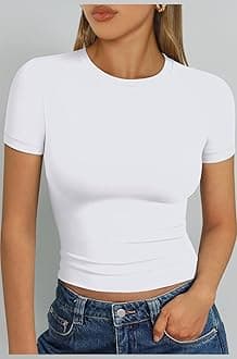 Womens Basic T-Shirts Scoop Neck Short Sleeve Crop Tops Cute Summer Tops Slim Fit Tees Y2k Clothing
