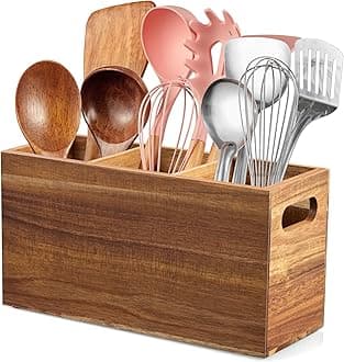 ALELION Acacia Wood Utensil Holder Organizer for Counter - Large Wooden Utensil Caddy for Countertop - 3 Compartment Cooking Tool Holder for Spatula - for Farmhouse Kitchen Decor and Accessories