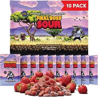 Final Boss Sour Candy, Sour Strawberries, 10 Pack, Level 1, Fruit Chews with Real Dried Fruit, No Artificial Colors or Flavors, Low Calorie Snack for Kids, Teens, Adults, Lunch Boxes