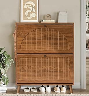 Fsbecl Shoe Storage Cabinet for Entryway with 2 Flip Drawers, Narrow Wood Shoe Cabinet with Fluted Panel, Freestanding Hidden Shoe Organizer for Foyer, Hallway (Walnut)
