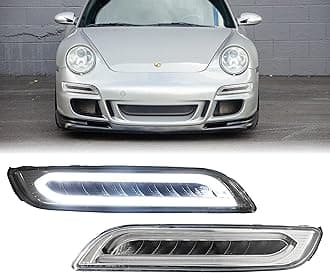 USR 05-08 911 997 LED Front Bumper Signal Lights Assembly Set (Left + Right) Compatible with 2005-2008 Porsche 911 Carrera 997.1 (Turbo Style LED Amber White Switchback, Clear Lens, Plug and Play)