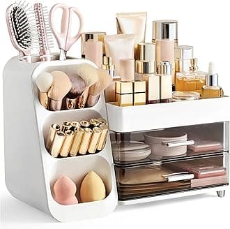 Makeup Organizer with Brush Holder for Vanity, Large Plastic Bathroom Countertop Organizer Skin Care Storage, Easy to Store Lipsticks, Nail Polishes, Perfumes, Eyeshadow Palettes, White