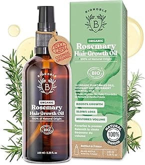 BIONOBLE Organic Rosemary Oil for Hair Growth - Slows Loss, Restores Volume, Nourishes the Scalp - Rosemary Hair Oil, Castor, Argan - 100% Natural and Vegan - Glass Bottle, Pipette, Pump - 100ml
