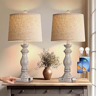 24.5" Table Lamp Set of 2, Rustic Farmhouse Bedside Lamps with USB A+C Charging Ports, 3-Way Dimmable Touch Control Nightstand Lamps for Living Room Bedroom, Antique Grey White, LED Bulbs Included