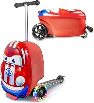 Kiddietotes 3-D Hardshell Ride On Suitcase Scooter for Kids - Cute Lightweight Kids Carry-On Luggage with LED Lit Wheels - Updated 2022 Wheel Design