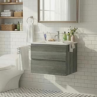 24 Inch Floating Bathroom Vanity with Sink, Modern Wall Mounted Small Bathroom Vanity, 2 Drawer Bathroom Sink Cabinet with Ceramic Sink, Soft Close Slides, Grey