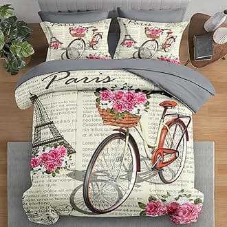 Comforter Set Twin Size, Paris Vintage Bicycle Brown 5 Pcs Bedding for Kids and Adults, Flower Bike Retro Bed Sheet Sets with Fitted Sheet Pillowcase & Sham for Bedroom Bed Decor