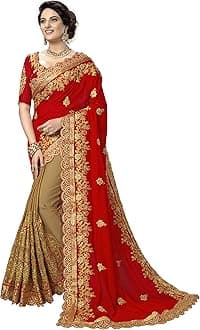 Women's Silk Satin Embroidery Work Saree with Unstitch Blouse Piece Half Half Saree fro Women