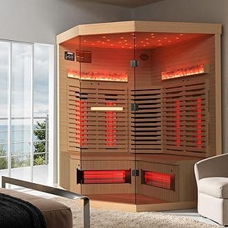 Infrared Sauna,3-4 Person Home Sauna with Himalayan Salt Brick,Original Corner Sauna Spa Room with 7 Color Starry Sky Top,Canadian Hemlock & Tempered Glass, 220V