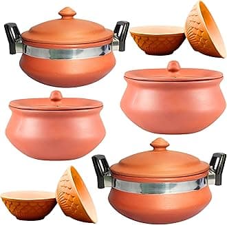 Terracotta Clay Cooking Handi Complete Set with Lids – 2L & 500ml + 4 Clay Curd Bowls | Traditional Indian Earthenware | Mitti Handi for Cooking Daal, Curry, Biryani | Gas Stove Safe