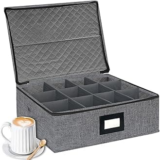 homyfort Mug Coffee Storage Box with Dividers - Stackable Glass China Storage Containers Hard Shell with Lid, Label and Handles, Holds 12 Coffee Mugs and Tea Cups (Dark Grey)