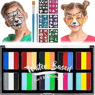 Face Paint Kit, 30 Colors Rainbow Body Paint for Kids Adults, Safe & Non-Toxic Water Based Split Cake Face Paint Palette with 2 Brushes 56 Stencils, Makeup Set for Halloween Christmas Cosplay