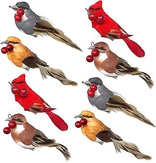 BANBERRY DESIGNS Feathered Song Bird Clip-On Ornaments - Set of 8 Assorted Styles of Birds with Metal Clips - Cardinals, Orioles, Finches and Chickadees Carrying Red Berries - Approx. 4 Inches
