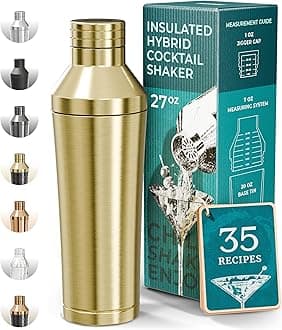 BARE BARREL Insulated Cocktail Shaker Set | Double Wall Stainless Steel | Martini Shaker for Home Bar Bartending | Built-in Drink Measure System & Strainer, Travel Bag, Recipes | Gift Set (Gold)