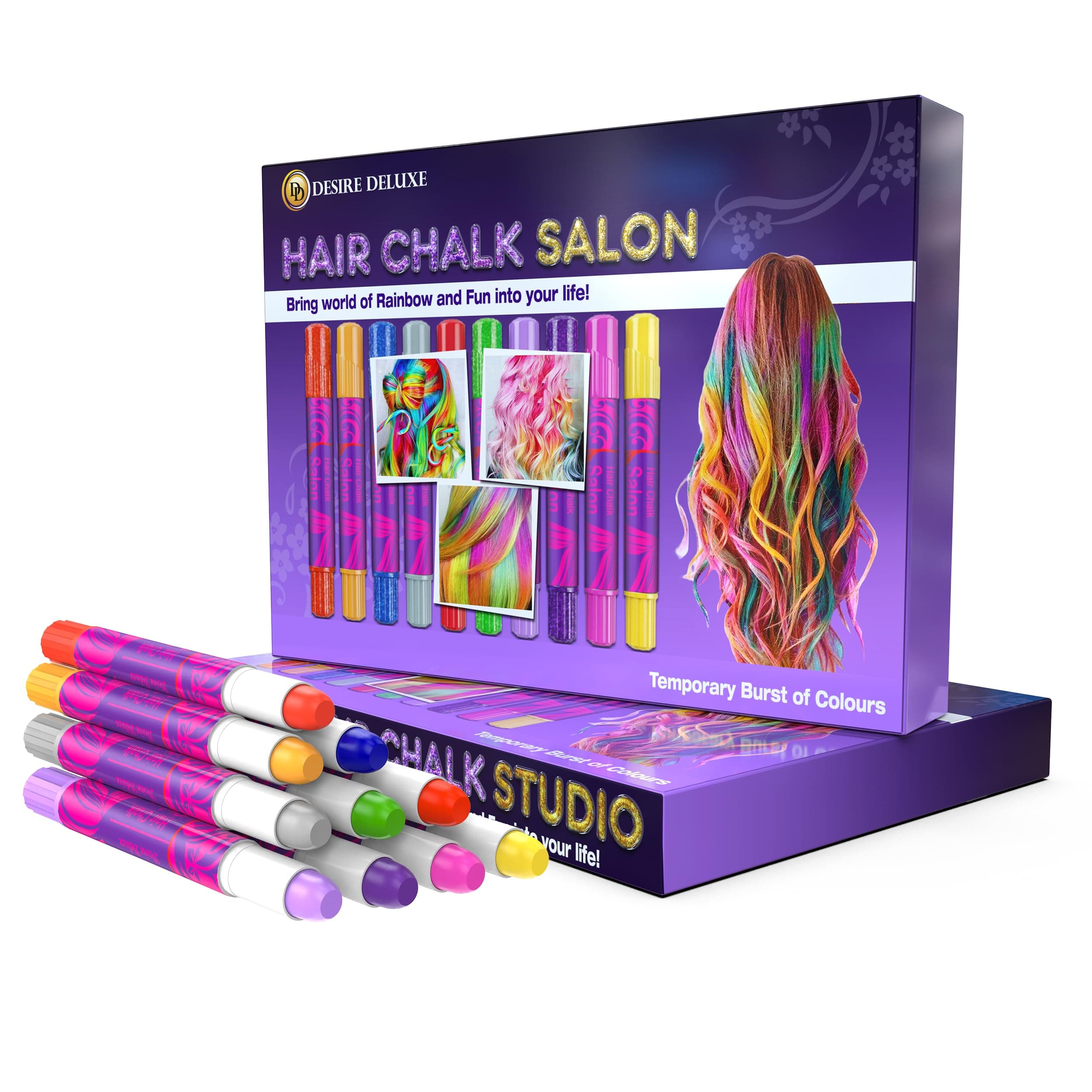 - Desire Deluxe - Girls Gifts Hair Chalk 10 Temporary Non-Toxic Easy Washable Hair Dye Colourful Pens