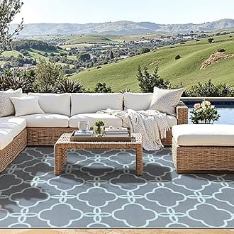 Ashler Outdoor Plastic Straw Rug Waterproof for Patio, Clearance Reversible Camping Mats, 8x10 Large Outdoor Area Rugs with Carrying Bag, for RV, Picnic, Backyard, Indoor, Grey Blue