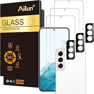 Ailun Tempered Glass Screen Protector for Galaxy S22 - 3 Pack Screen Protectors + 3 Pack Camera Lens Protectors - Fingerprint Unlock Compatible, Clear Case Friendly