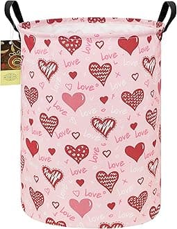 HUNRUNG Laundry Hamper,Large Canvas Fabric Lightweight Storage Basket Toy Organizer Dirty Clothes Collapsible Waterproof for College Dorms（Round-Pink Love Heart）