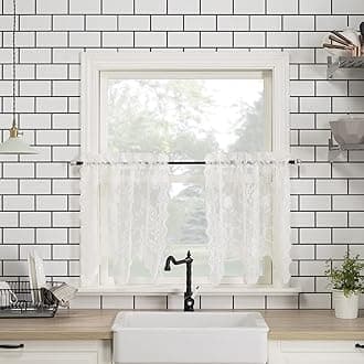 No. 918 Alison Floral Lace Sheer Rod Pocket Kitchen Curtain Tier Pair, 58" x 36", Ivory